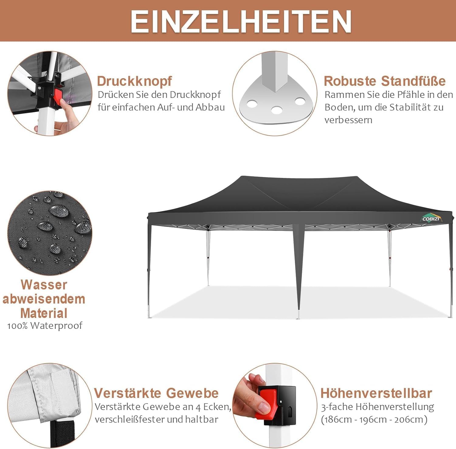 COBIZI Gazebo 3x6 Pieghevole Impermeabile Stabile con 6 Pareti Laterali a Cono Tenda per Feste 3 Altezze Regolabili Protezione UV Borsa per il Trasporto Picchetti, Corde per Giardino, Matrimoni, Mercati, Eventi all'Aperto