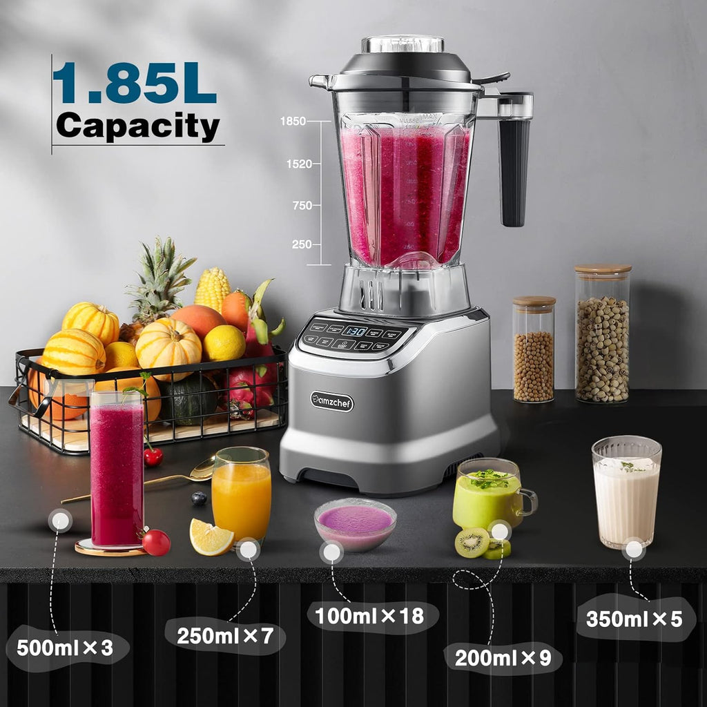 AMZCHEF Frullatore Professionale 2 IN1 con Contenitori da 1850 ml e 600 ml per Due Modalità di Frullatura | Frullatore da Tavolo 2000 Watt con 6 Lame Professionali e 22000 Giri/Min - Grigio Opaco