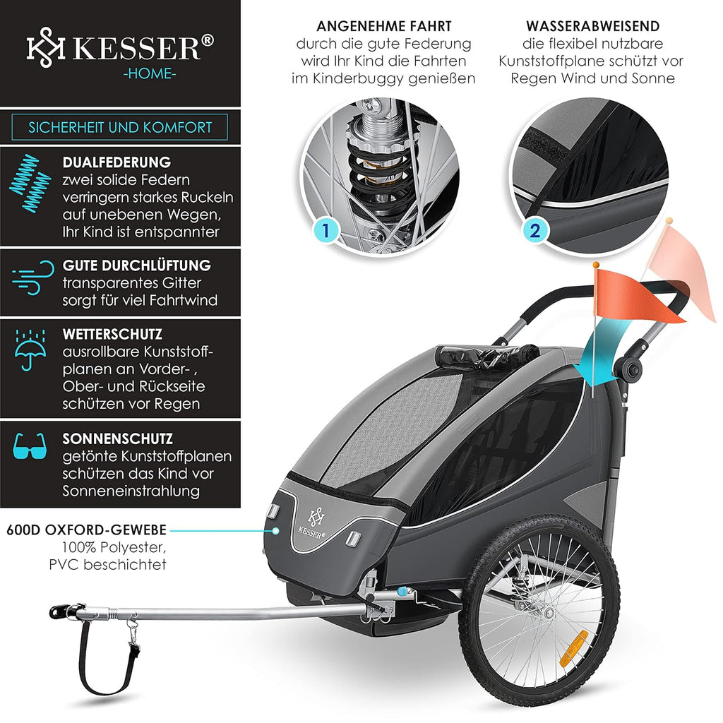 KESSER® Kinderanhänger Fahrradanhänger 360° Drehbar mit Federung 2in1 Joggerfunktion Kinderfahrradanhänger + 5-Punkt Gurt Jogger Fahrrad Anhänger für 1 bis 2 Kinder max. 40kg Inkl. Warnfahne Hellgrau