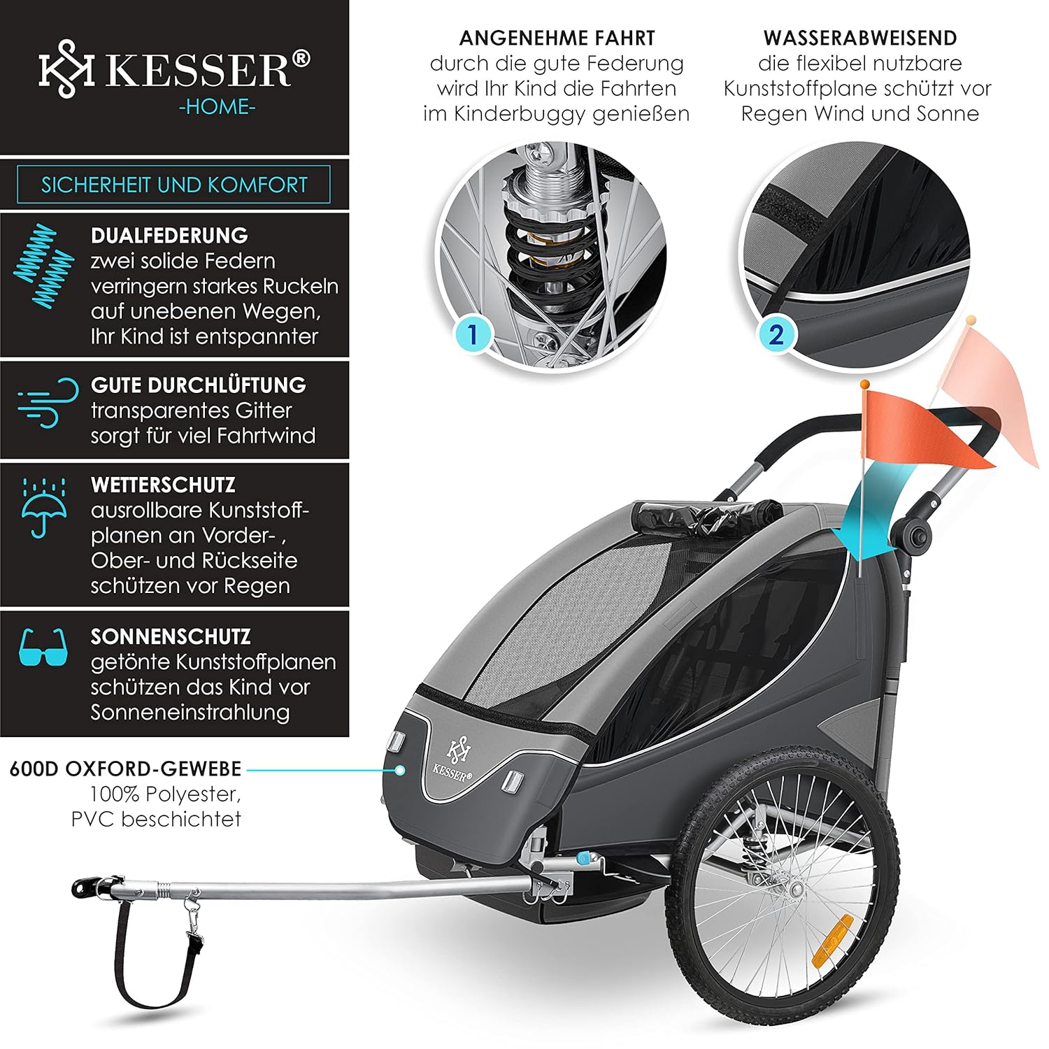 KESSER® Kinderanhänger Fahrradanhänger 360° Drehbar mit Federung 2in1 Joggerfunktion Kinderfahrradanhänger + 5-Punkt Gurt Jogger Fahrrad Anhänger für 1 bis 2 Kinder max. 40kg Inkl. Warnfahne Hellgrau