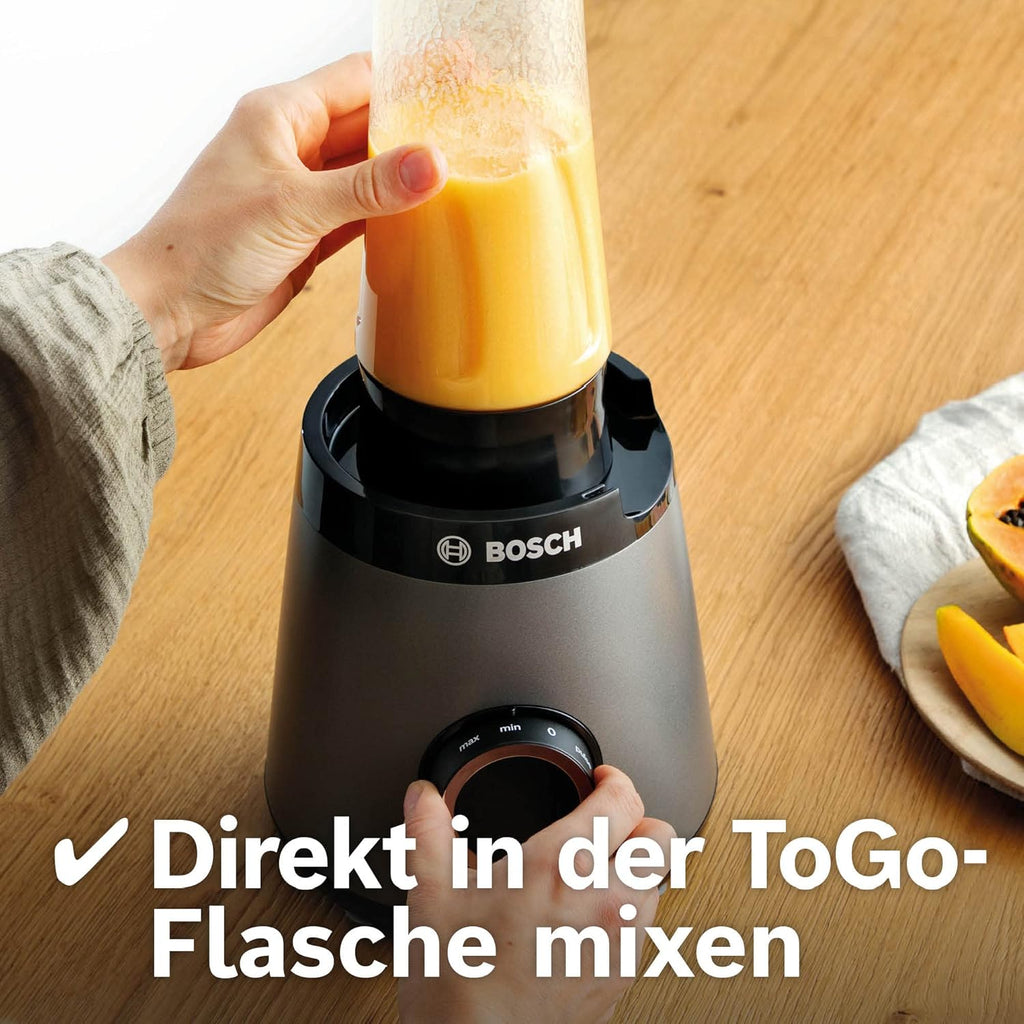 Bosch Standmixer VitaPower Serie 4 MMB6174SN, verbesserte Version, hochwertige Edelstahl-Klingen, 1,5l Glasbehlter, 0,6l To-Go-Flasche, spülmaschinenfeste Teile, 30.000 U/min, 1200 W, silber