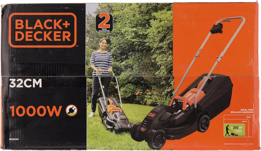 Black+Decker Elektro-Rasenmher (1.000 W, 32cm Schnittbreite, 3-fach axial Schnitthhenverstellung, 35l Grasfangbehlter, ideal für kleine Grten) BEMW351 Multicolor