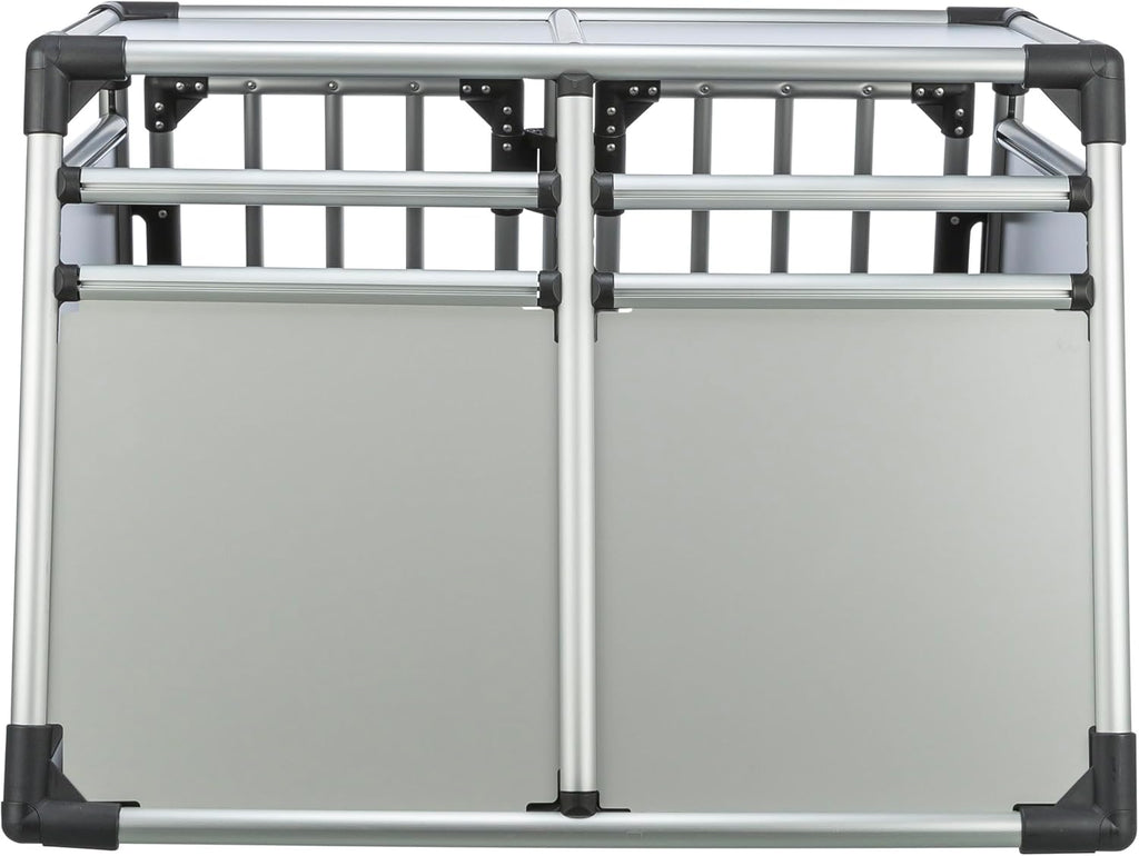 TRIXIE Hunde-Transportbox Aluminium in silber – M: 55 × 62 × 73 cm, stabile und geräuscharme Hundebox mit abgeschrägten Seiten, Sicherheitsverschluss & rutschfester Liegematte – 39342