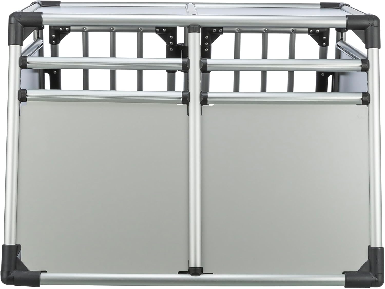 TRIXIE Hunde-Transportbox Aluminium in silber – M: 55 × 62 × 73 cm, stabile und geräuscharme Hundebox mit abgeschrägten Seiten, Sicherheitsverschluss & rutschfester Liegematte – 39342