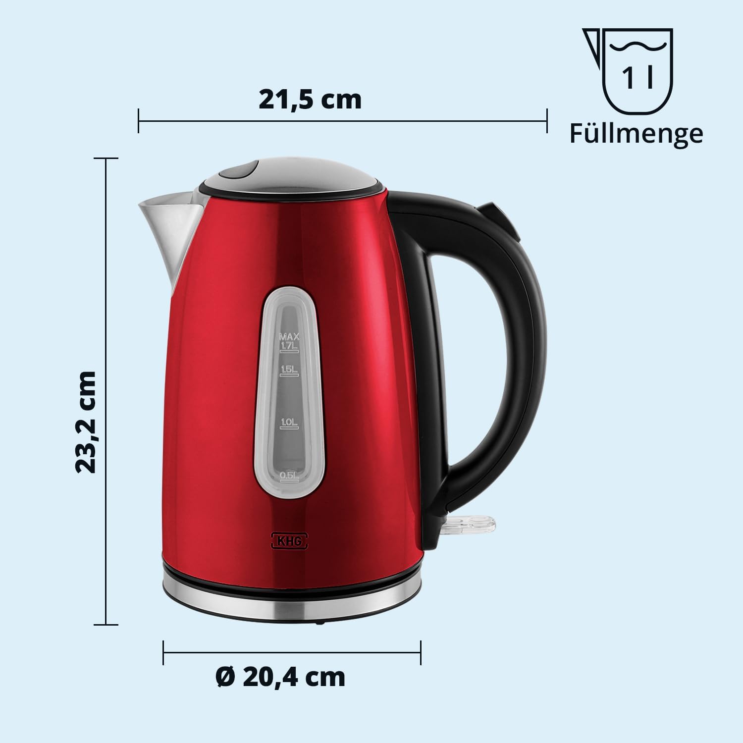 KHG Frühstücksset Wasserkocher, Toaster & Kaffeemaschine in Rot, Edelstahl Metallic Chrom, 1,7l Kapazität, 2 Toast Scheiben & 12 Tassen Kaffee, Kontrollleuchten, Wasserstandsanzeigen, Permanentfilter