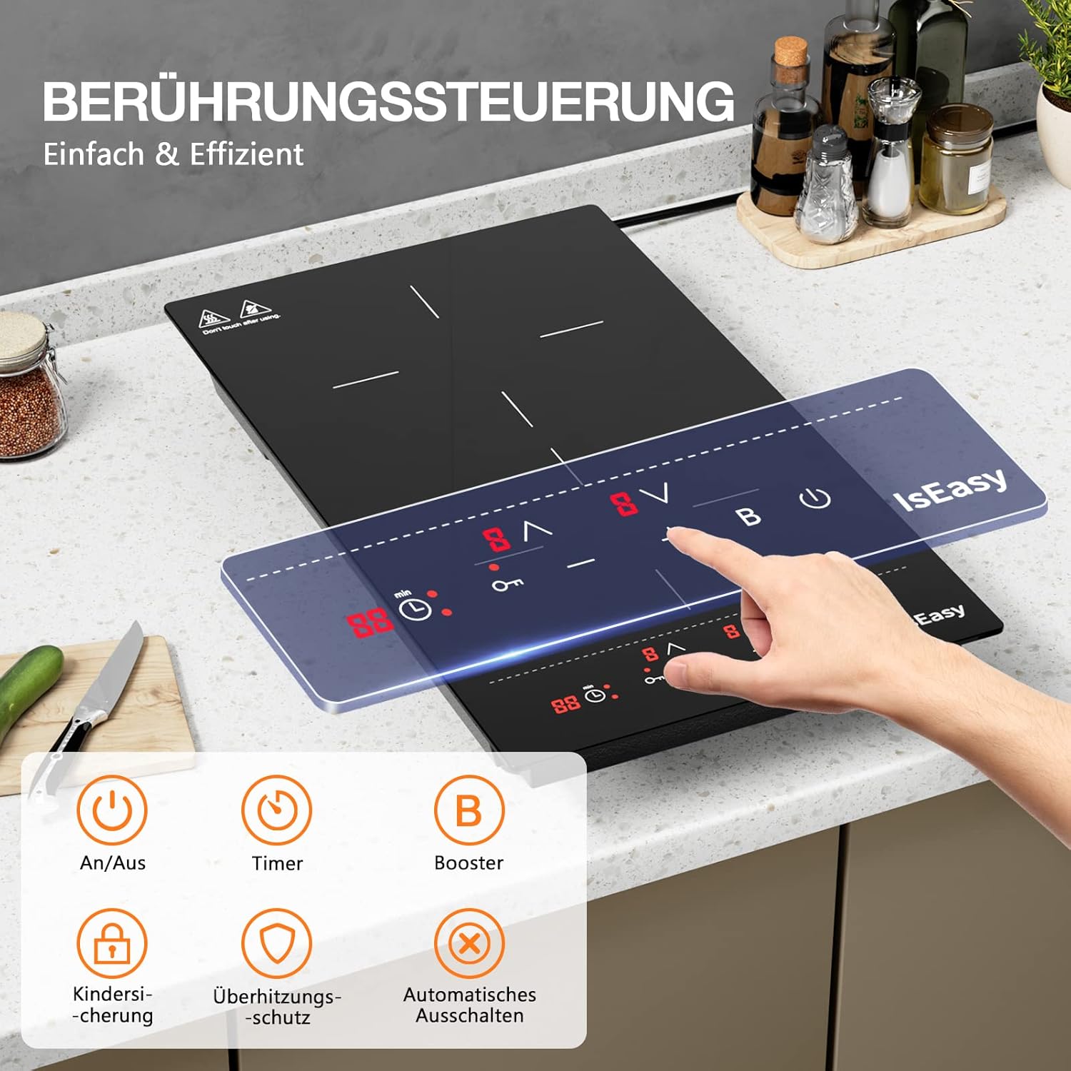 IsEasy 4 Zonen Einbau Induktionskochfeld mit 9 Leistungsstufen &1-99Min Timer, Boost-Funktion, Induktionskochplatte, Induktion Herdplatte mit 4 Platten, 60cm, 6800W, Schwarz