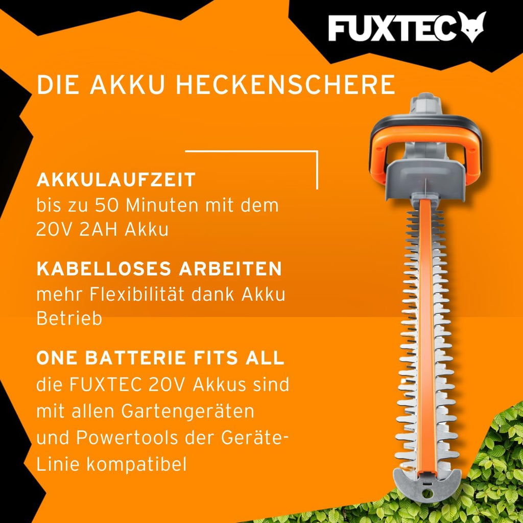 FUXTEC Heckenschere 20V inkl. Akku FX-E1HS20 Elektrischer Heckentrimmer mit Li-Ionen Batterie und Ladegerät – Schnittlänge 52 cm