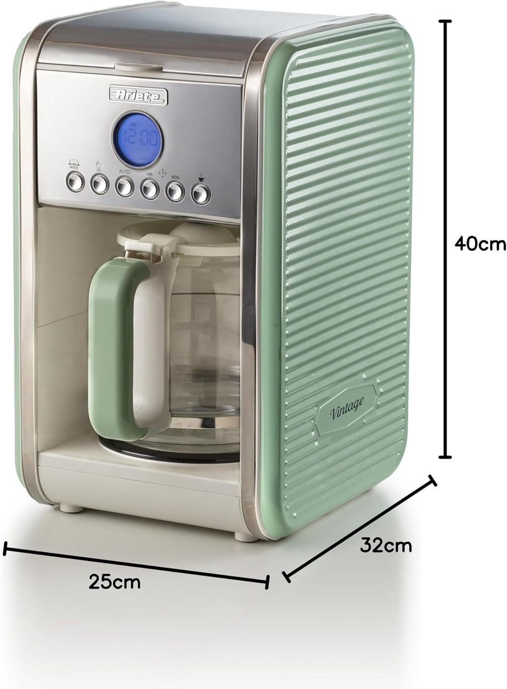 Ariete Vintage 1342 Macchina da Caffè Americano Retrò, Caraffa in Vetro Temperato, Fino a 12 Tazze, Timer 24 Ore, Spegnimento Automatico, Funzione Anti-Goccia, Piastra Riscaldante, Capacità 1.5 L, 2000 W, Verde
