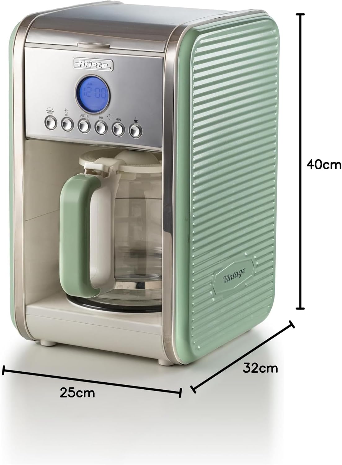 Ariete Vintage 1342 Macchina da Caffè Americano Retrò, Caraffa in Vetro Temperato, Fino a 12 Tazze, Timer 24 Ore, Spegnimento Automatico, Funzione Anti-Goccia, Piastra Riscaldante, Capacità 1.5 L, 2000 W, Verde