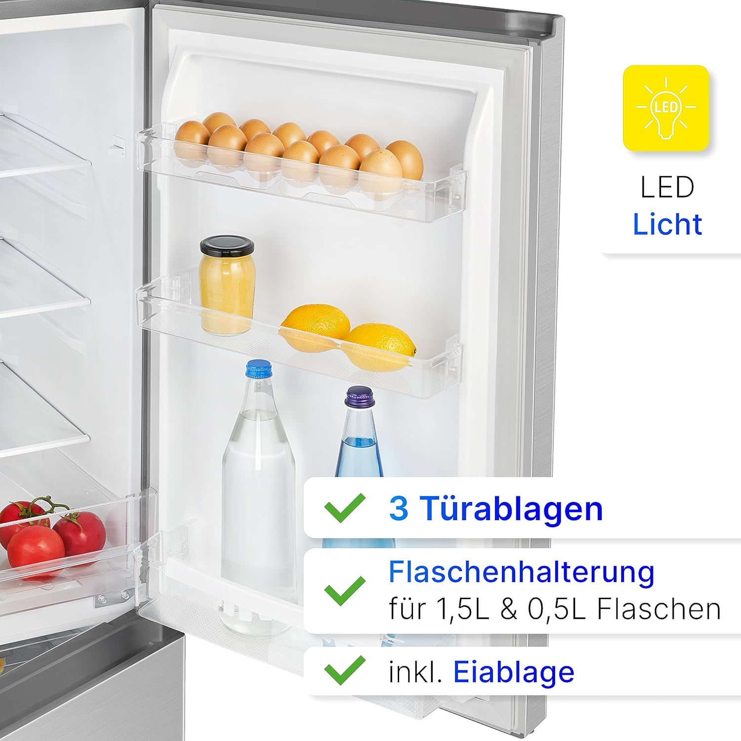 Bomann® Frigorifero con congelatore alto 143cm | Combinazione frigo-congelatore 175L con 3 ripiani e 3 cassetti | Porta reversibile | Combinazione frigo-congelatore silenziosa 39dB | Frigorifero KG 322.1 acciaio inox-look