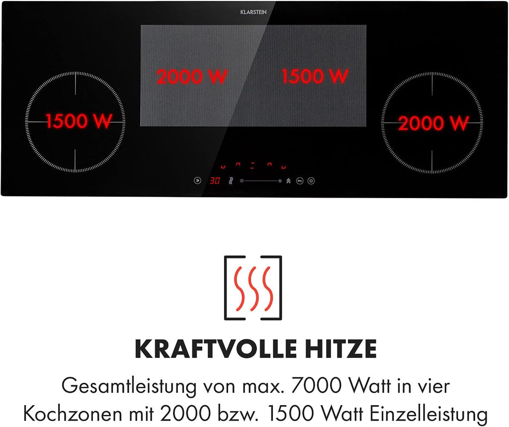 Klarstein Piano Cottura a Induzione, Piano Cottura in Vetroceramica, con 4 Piastre, Incasso con Display Touch, Display Digitale e Funzione Timer, Riscaldamento Veloce, 7000 Watt