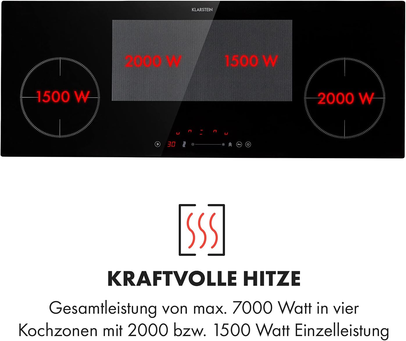 Klarstein Piano Cottura a Induzione, Piano Cottura in Vetroceramica, con 4 Piastre, Incasso con Display Touch, Display Digitale e Funzione Timer, Riscaldamento Veloce, 7000 Watt