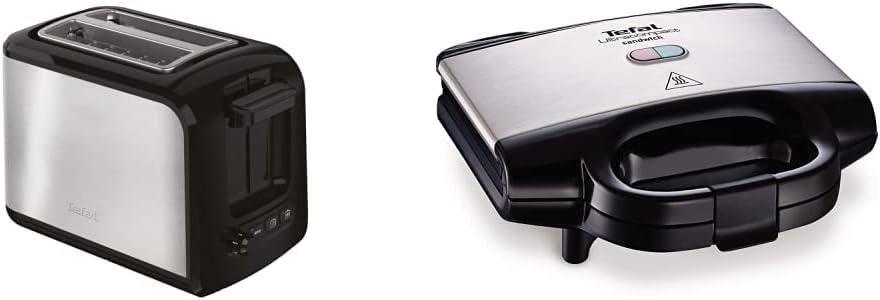 Tefal Express TT410D 2-Scheiben-Toaster, Schwarz, Edelstahl, 2 Scheiben, 850 W, 160 mm & Ultracompact Sandwichmaker SM1552 | für dreieckige Sandwichtoasts | 700W | 26.5 x 12 x 26 cm, Edelstahl/Schwarz