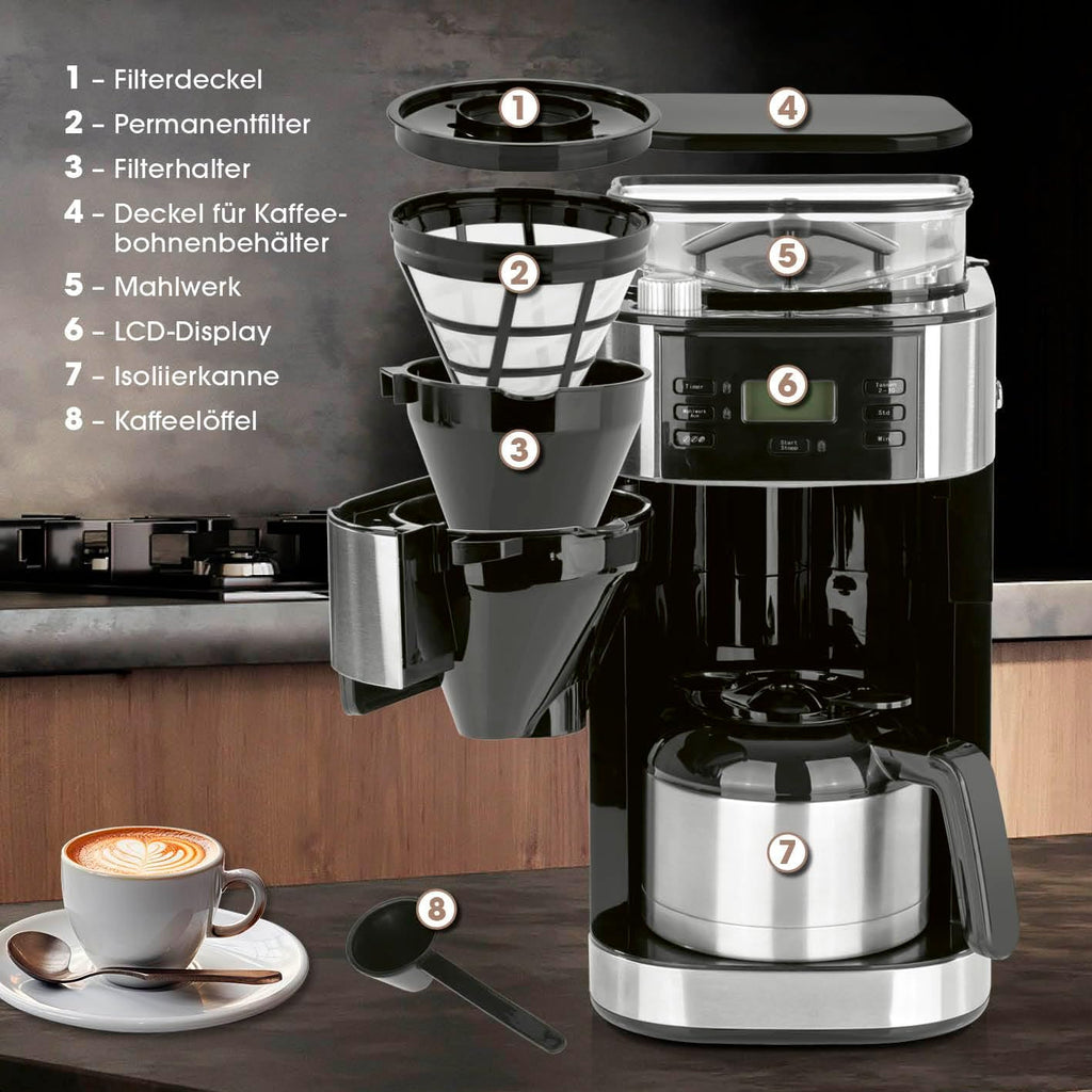 Barista Kaffeemaschine mit Mahlwerk | Filterkaffeemaschine mit Glaskanne | 900W Filtermaschine mit Touchdisplay & Timerfunktion für bis zu 10 Tassen | 1,25 Liter Kaffeekanne | Für Bohnen & Pulver