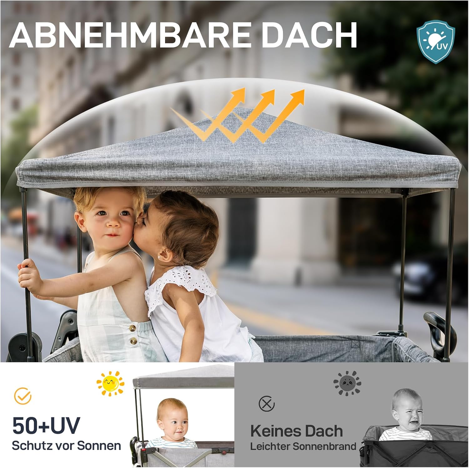 EVER ADVANCED Carretto per 2 bambini pieghevole con tetto, passeggino con cinture di sicurezza a 5 punti, zaino fasciatoio, carretto con sedile, carrello di trasporto, spinta e trazione, freno a pedale