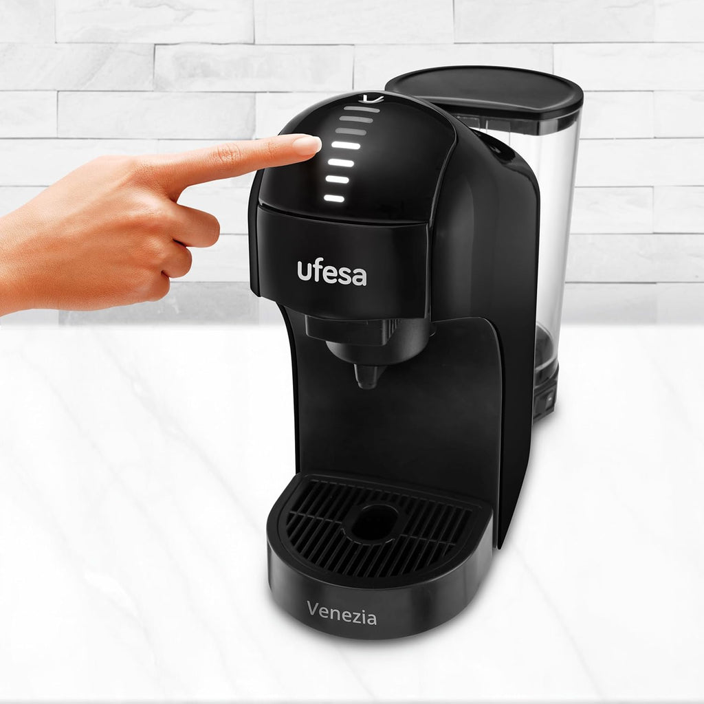 Ufesa Bellagio 3-in-1 Multi-Capsule Coffee Machine for Nespresso Original Capsule, Dolce Gusto or Ground Coffee, Digital Touch Panel with 7 Levels, 1 L Water Tank, 1400 W, 15 Bar Pressure, Compact