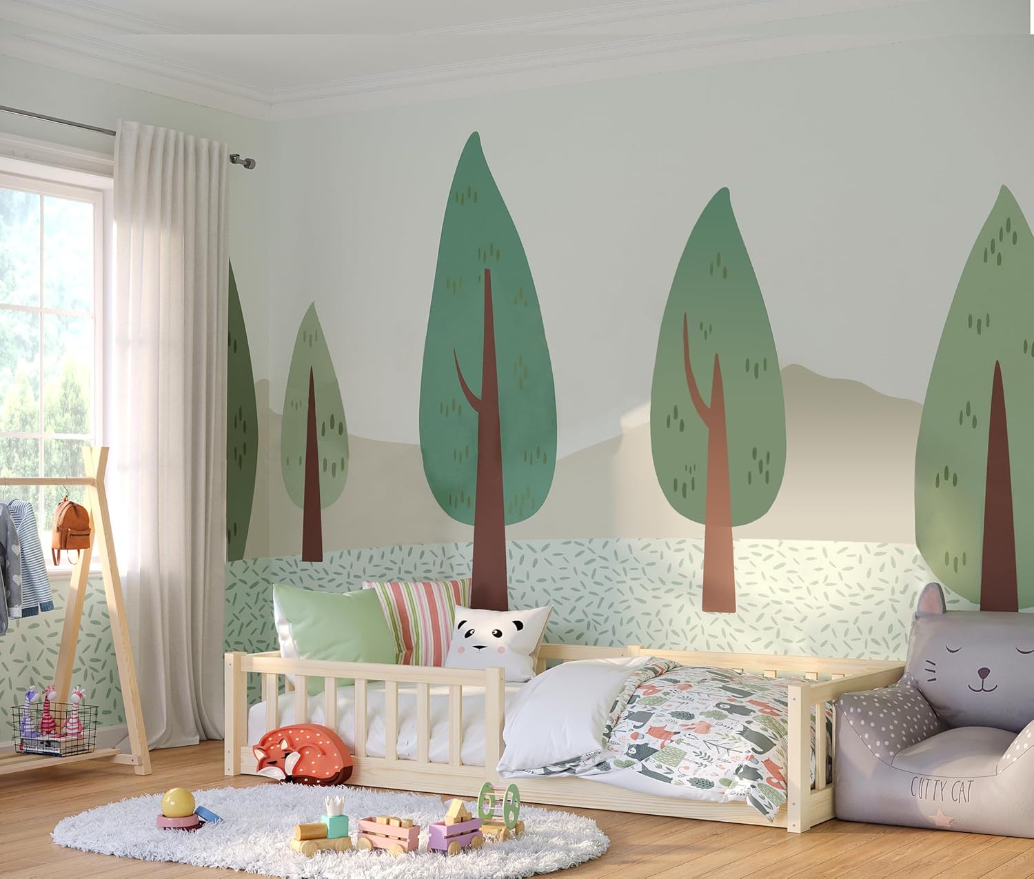 Bellabino Vere Letto a Pavimento 140x200 Montessori, Letto Matrimoniale con Protezione Anticaduta e Rete a Doghe, Letto per Bambini e Bambine in Legno Massello di Pino Bianco con Sbarre