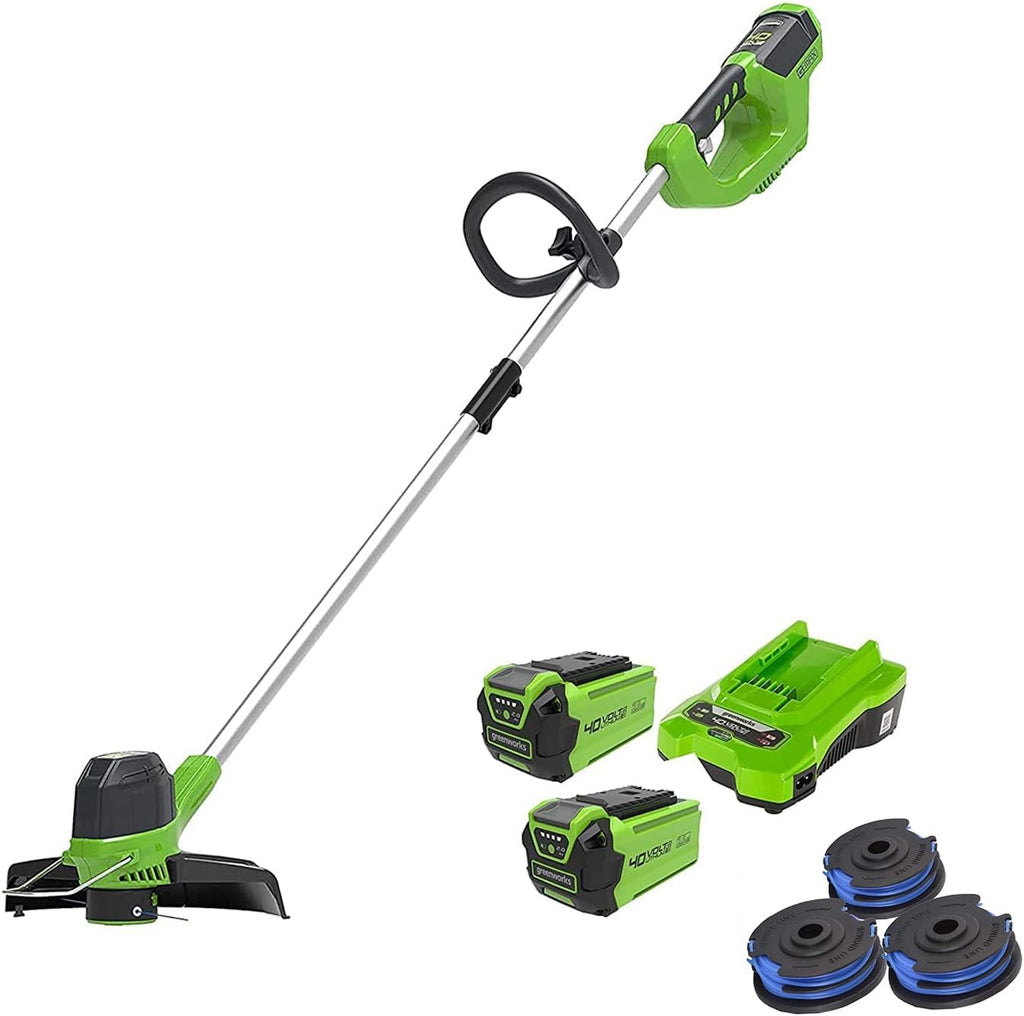 Greenworks 40V Akku Rasentrimmer für mittelgroße Gärten, höhenverstellbar, 30 cm Schnittbreite, automatischer Vorschub 1,65 mm Nylon Faden, zwei 40V 2Ah Akkus & Ladegerät, 3 Jahre Garantie G40LTK2X