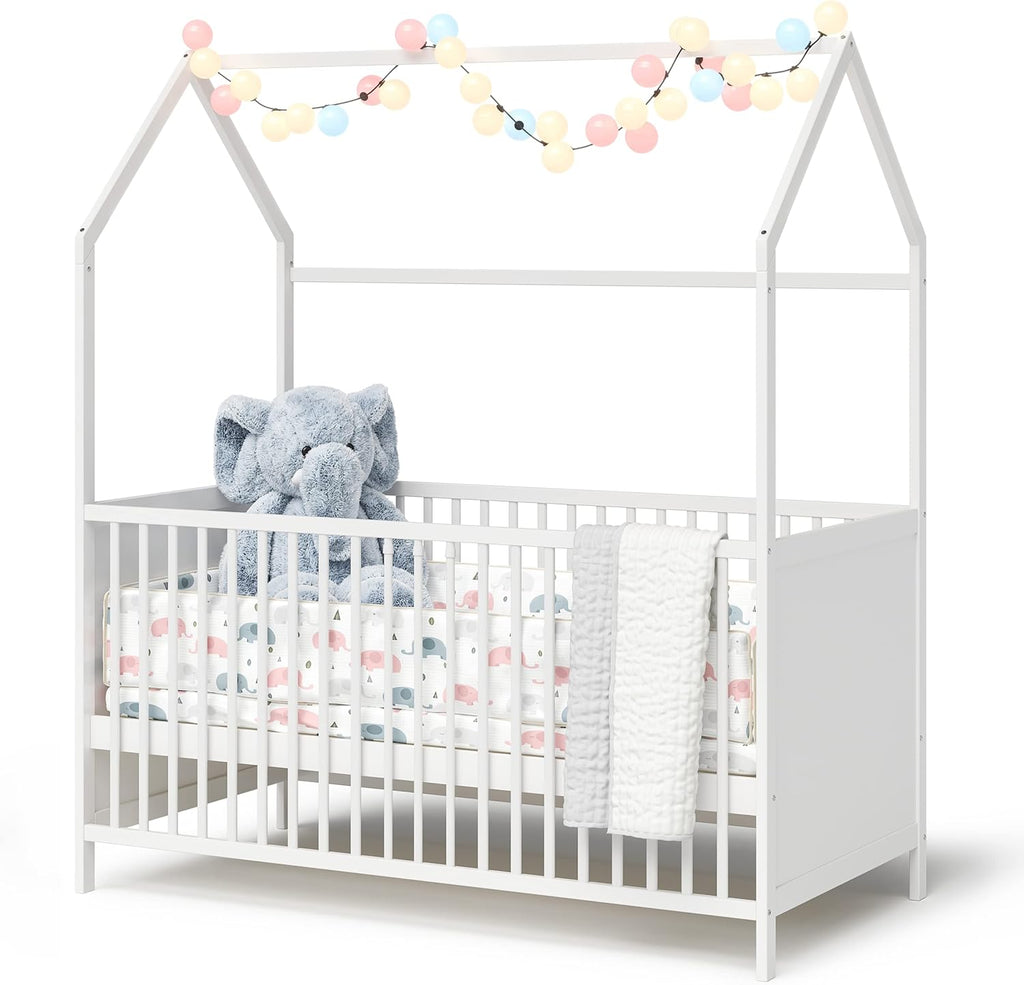 Bellabino Nika Lettino a capanna 70 x 140 cm, letto con sbarre e lettino a capanna per bambini e neonati in pino massiccio bianco, regolabile in altezza su 3 posizioni, incl. rete a doghe