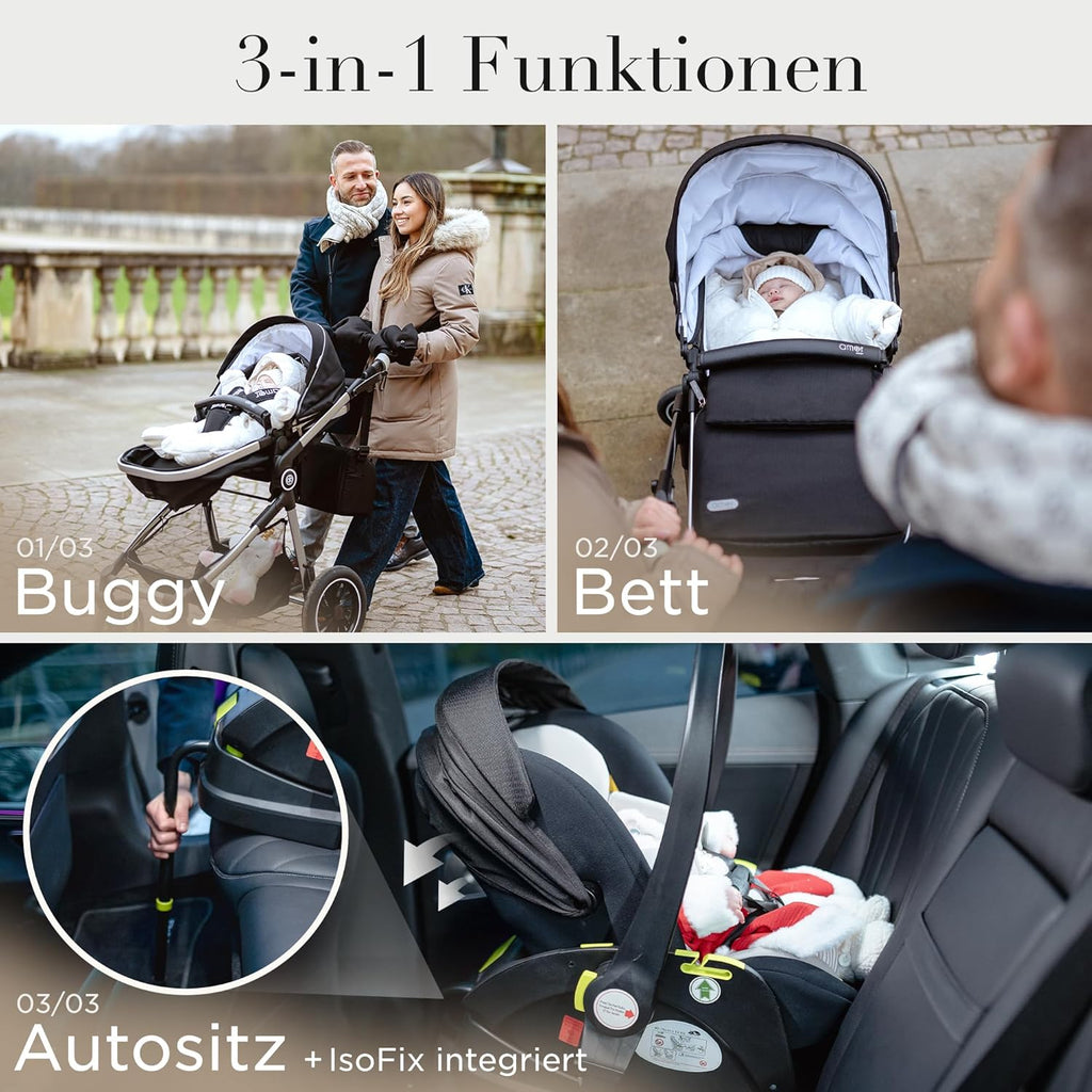Kinderwagen [3 in 1] - Babyschale, klassischer Babywagen & Autositz in einem Set | Buggys, Kinder Wagen, Baby Stroller | Höchste Sicherheit Inkl. Isofix & 5-Punkt-Sicherheitsgurt | AMOR BABY Primus