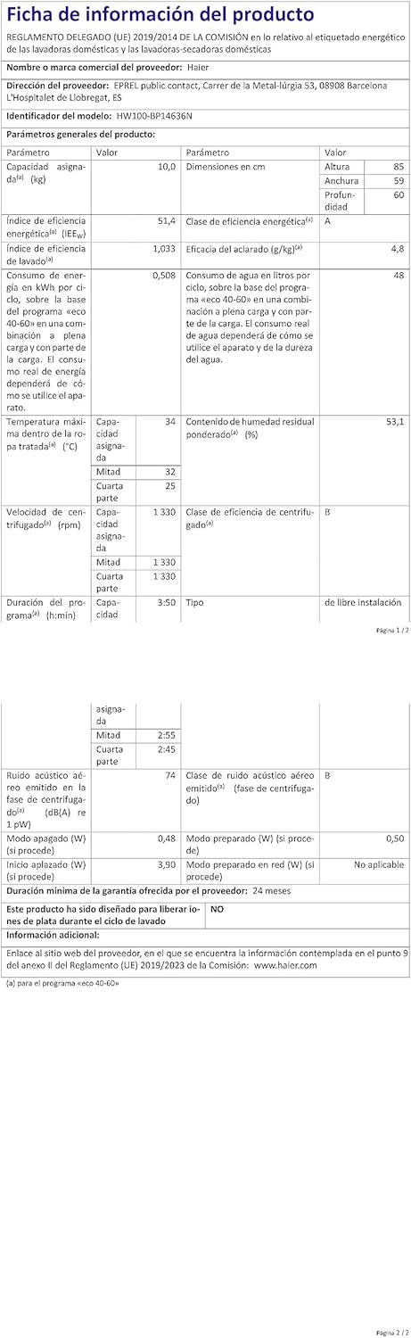 Haier HW100-BP14636N Lavatrice / 10 kg / A - massima efficienza / Motore Inverter / Funzione vapore / Protezione totale dall'acqua / Programma Eco 40-60