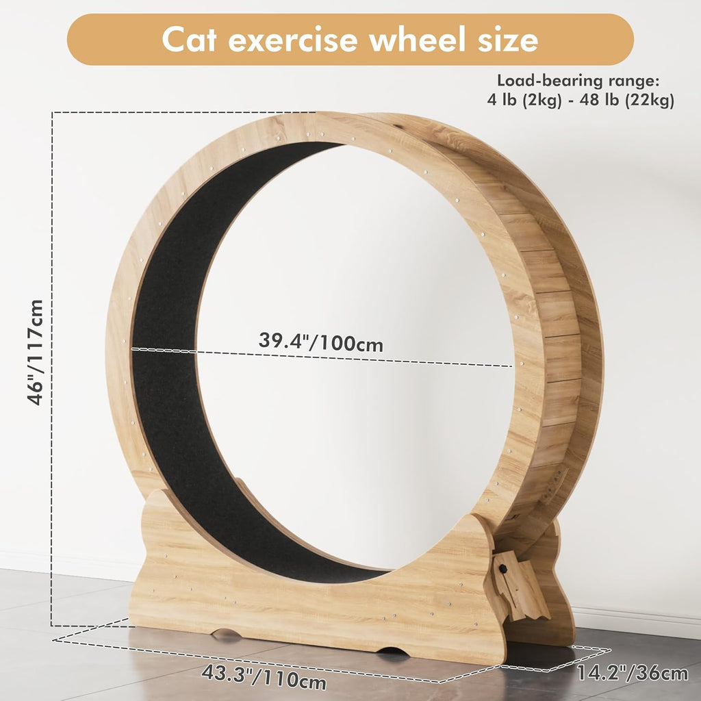 Mondeer Ruota per gatti da interno, tapis roulant da 110 cm con tappeto rimovibile, ruota da corsa in legno per gatti di taglia piccola, media e grande, attrezzo per fitness e perdita di peso, nero