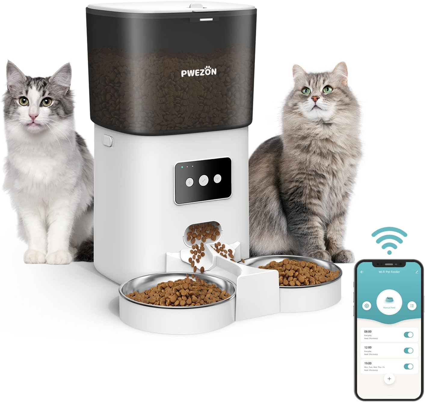 PWEZON Intelligenter WiFi Doppel-Futterautomat für Zwei Katzen, automatischer Katzen Futterautomat mit 2 Edelstahlnäpfen, 6L Trockenfutterspender mit App-Steuerung und Timer für Katze und Hund