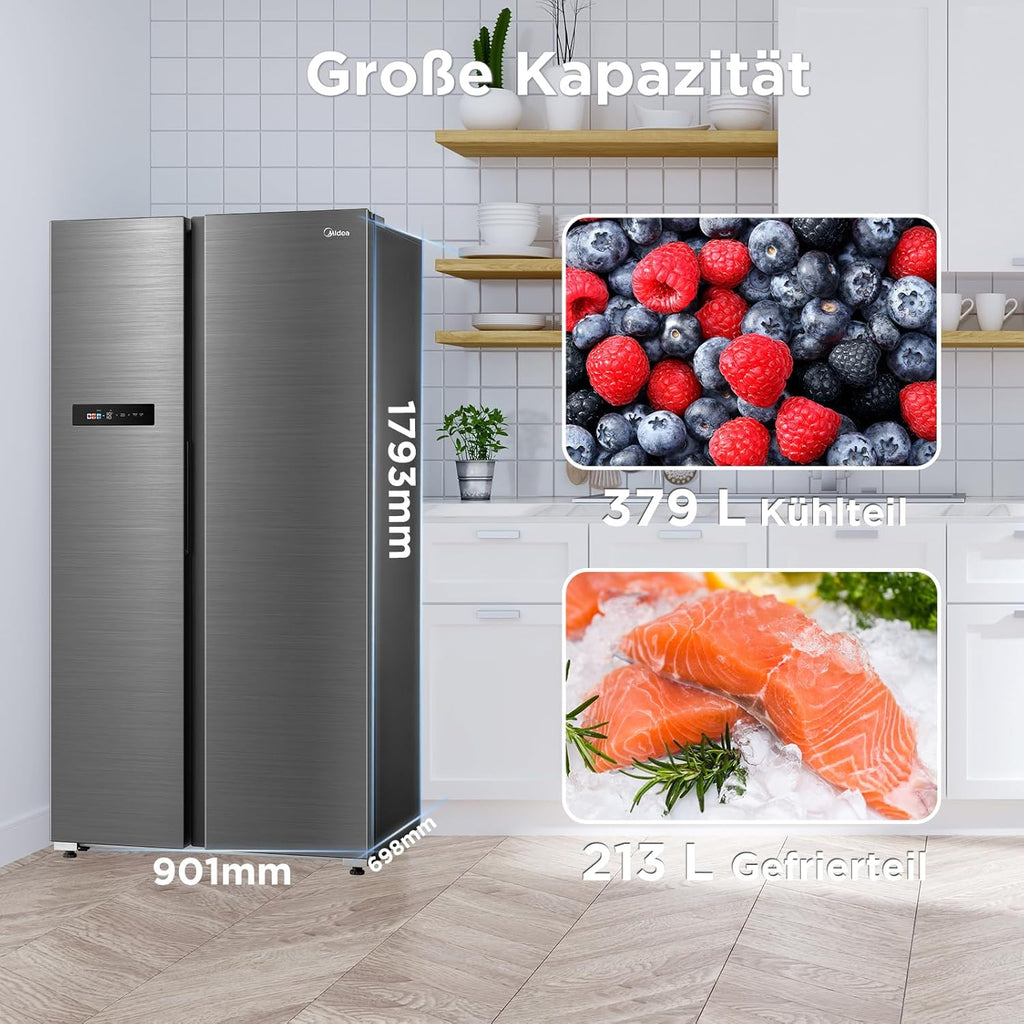 Midea KS-DDX 6.32 WT Frigorifero Side-by-Side con Congelatore/Altezza 178,8 cm/254 kWh/anno/No Frost/Compressore Dual Inverter/con Distributore di Acqua e Ghiaccio 3-in-1 e Serbatoio d'Acqua, Inox Scuro