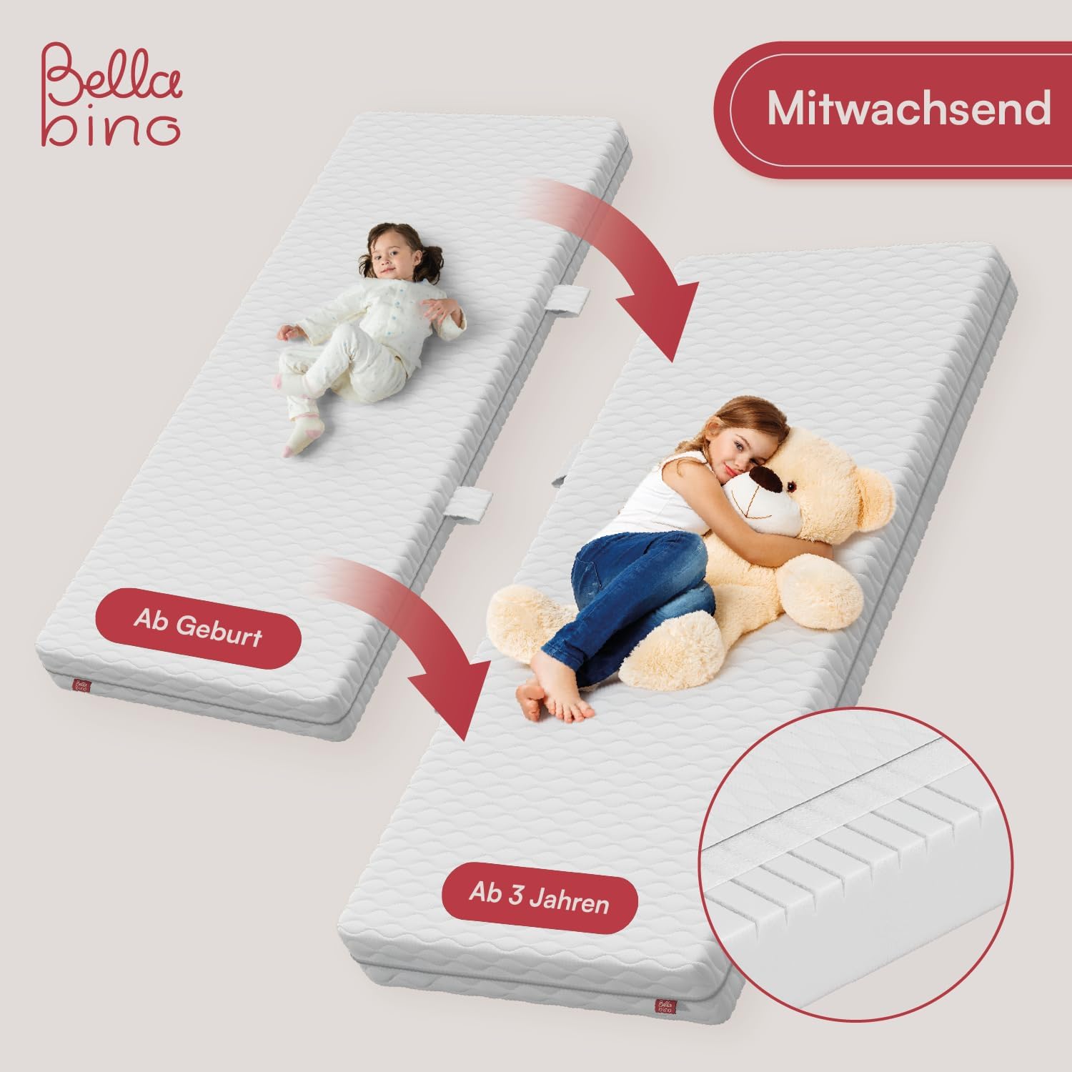 Bellabino Lettino per bambini Bia 140x200 cm, letto a capanna per bambini con protezione anticaduta e rete a doghe arrotolabile, letto a terra Montessori bianco in legno massello di pino