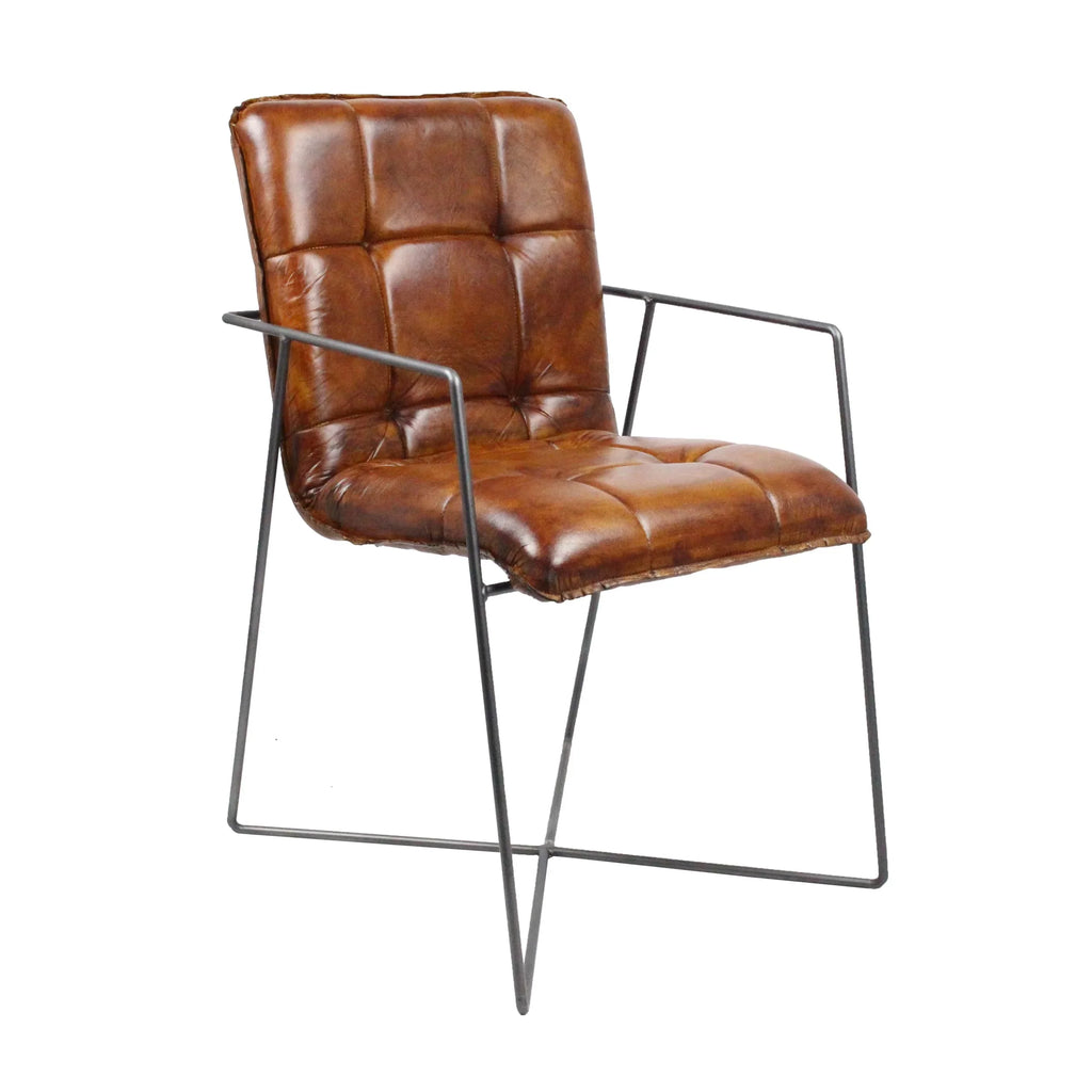 Sedia da pranzo Serie Jose in pelle di bufalo color cognac - Struttura a croce con braccioli