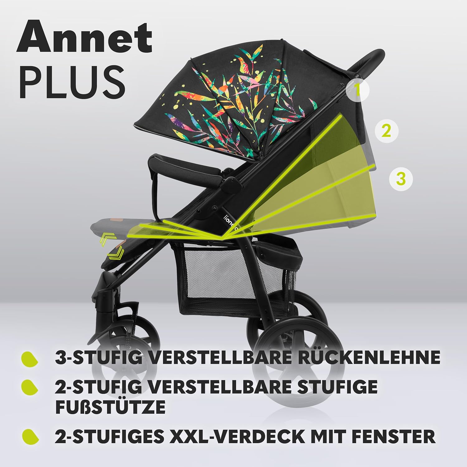 LIONELO Annet Buggy fino a 22 kg con funzione reclinabile, passeggino compatto richiudibile con accessori, ruote in schiuma EVA, zanzariera, coprigambe, portabevande, cestino (Golden Moments, Tour)