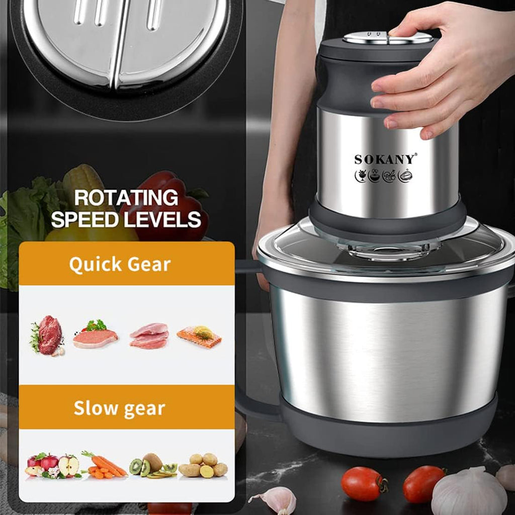 SOKANY Tritacarne Elettrico da Cucina 1500W con Ciotola in Acciaio Inox da 6,5L, Tritatutto con 3 Livelli di Velocità, Robot da Cucina con 4 Lame per Carne, Cipolle, Frutta, Verdura