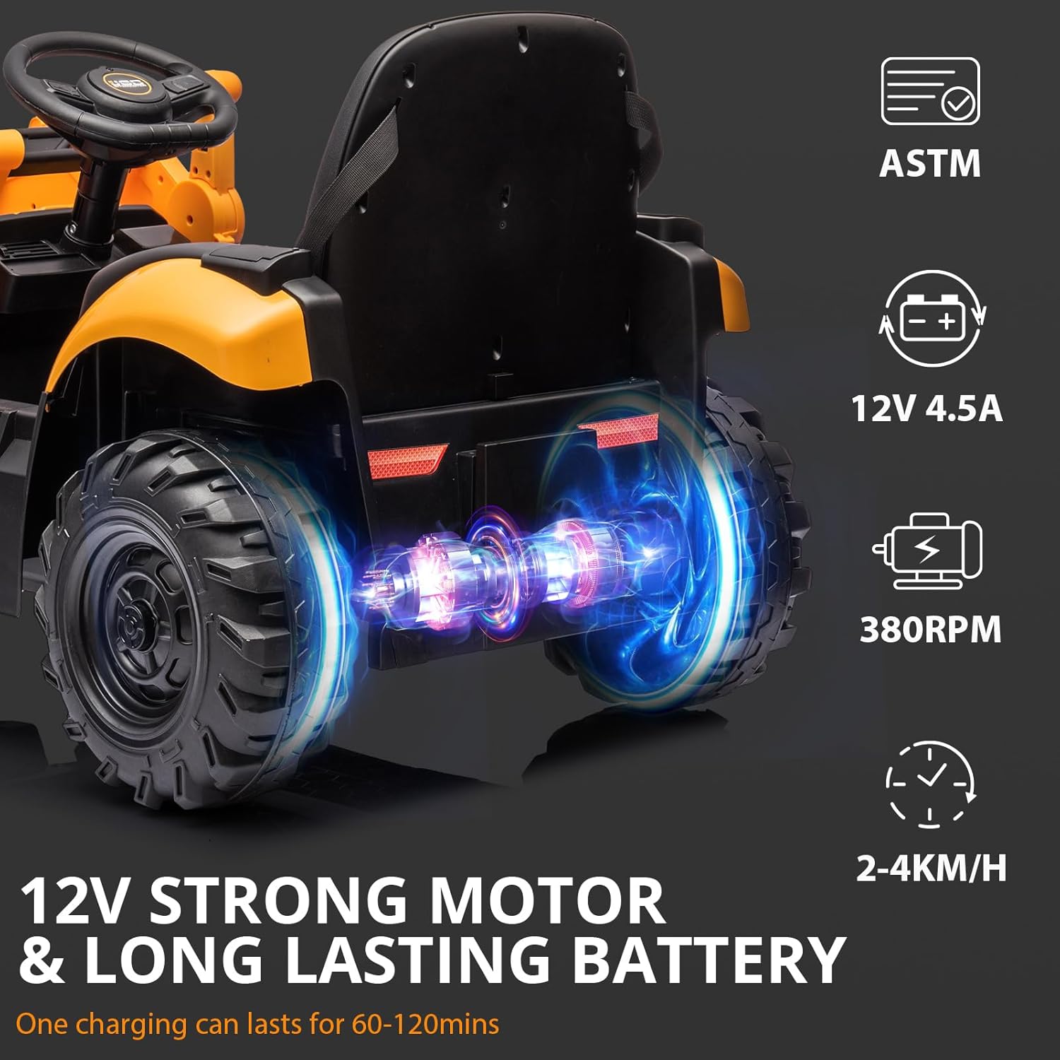 Escavatore e Bulldozer Elettrico 4 in 1, Veicoli Elettrici per Bambini 12V con Telecomando, Pala Anteriore, Escavatore, Clacson, Pneumatici in EVA, Giallo