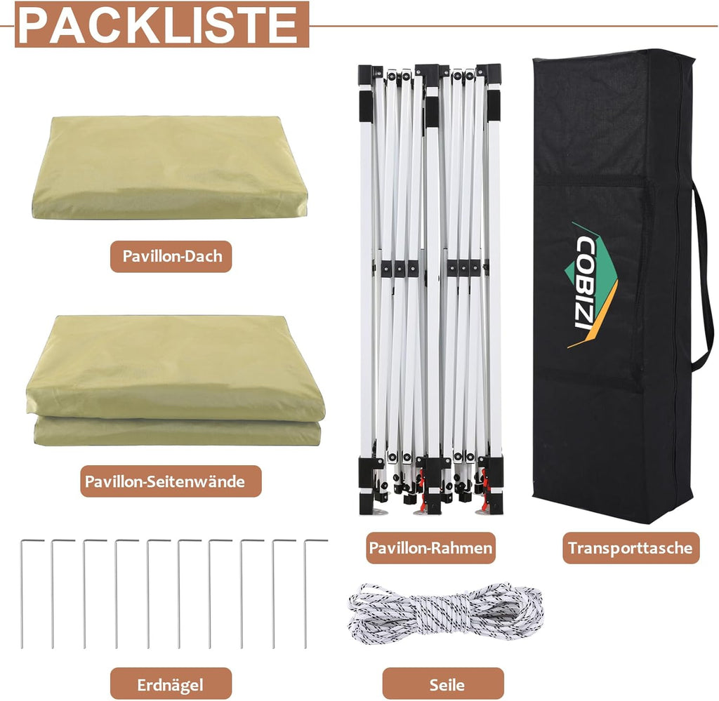 COBIZI Gazebo 3x6 Pieghevole Impermeabile Stabile con 6 Pareti Laterali a Cono Tenda per Feste 3 Altezze Regolabili Protezione UV Borsa per il Trasporto Picchetti, Corde per Giardino, Matrimoni, Mercati, Eventi all'Aperto