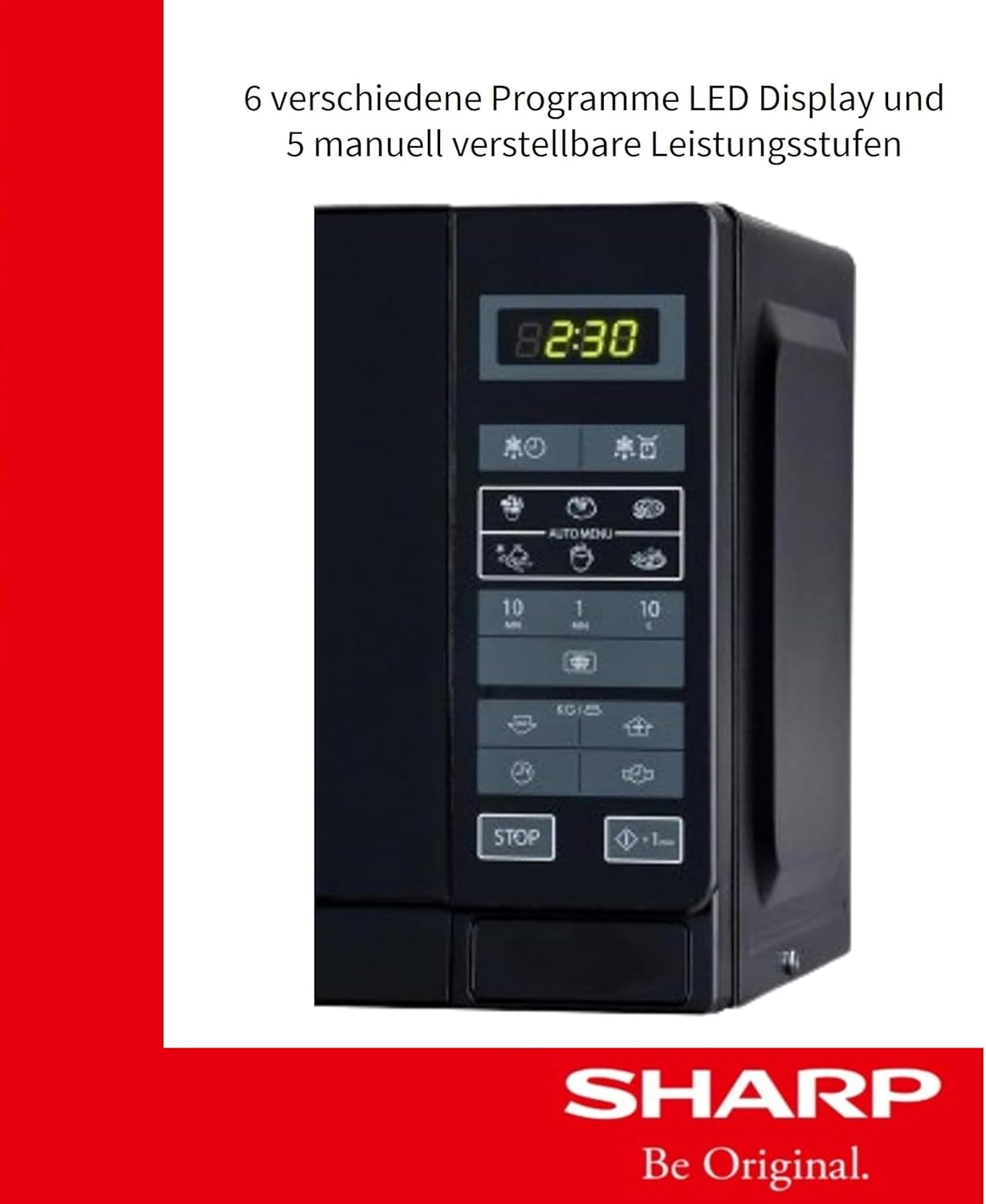 Sharp R242BKW Forno a microonde Solo / 20 L / 800 W / 5 livelli di potenza / 8 programmi automatici / Scongelamento a tempo e in base al peso / Blocco di sicurezza per bambini / Modalità risparmio energetico / Piatto girevole in vetro (25,5 cm) / nero