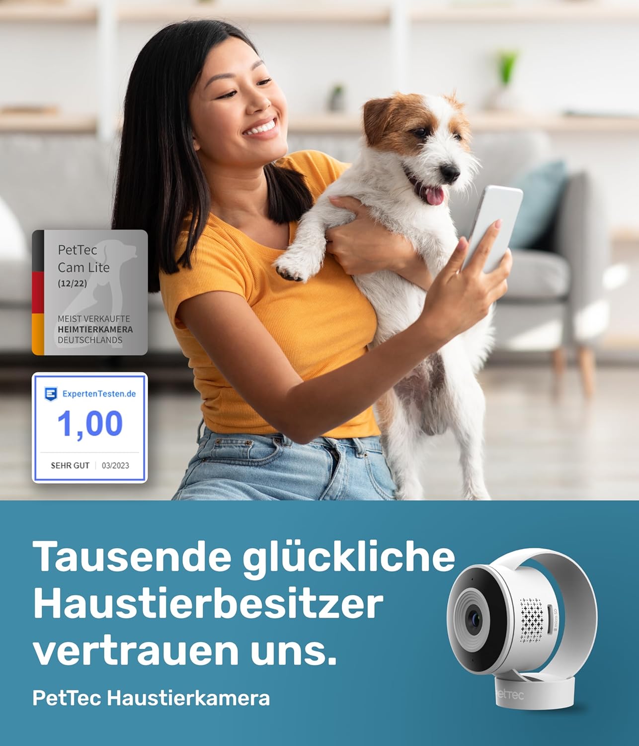 PetTec – Pet Cam Buddy Haustierkamera Futterautomat 8L für Katzen- & Hunde-Trockenfutter – Automatischer Futterspender mit WLAN & App-Steuerung -Inkl. 2-Wege-Audio, Bellerkennung & Nachtsicht