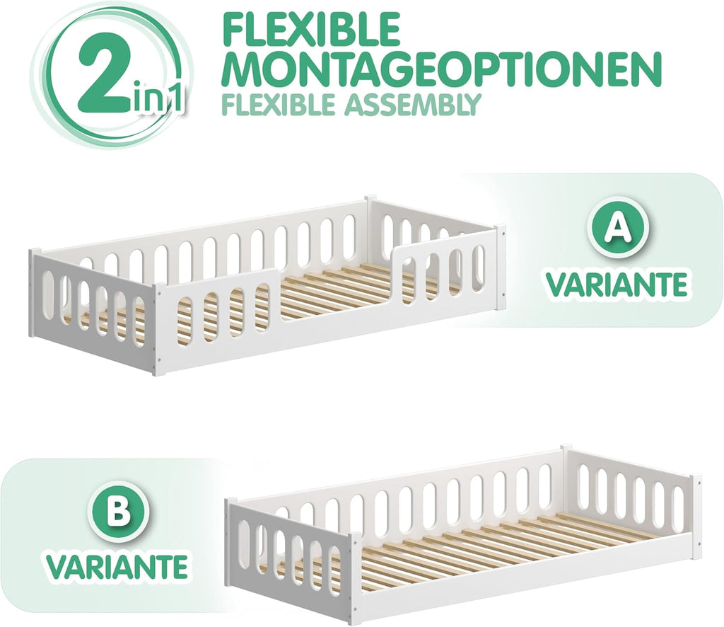 CADANI Monte Letto a terra 2in1 140x200 cm Lettino Montessori con sponda di protezione rimovibile - bianco, 46 kg, portata fino a 200 kg, rete a doghe arrotolabile extra robusta, trasformabile