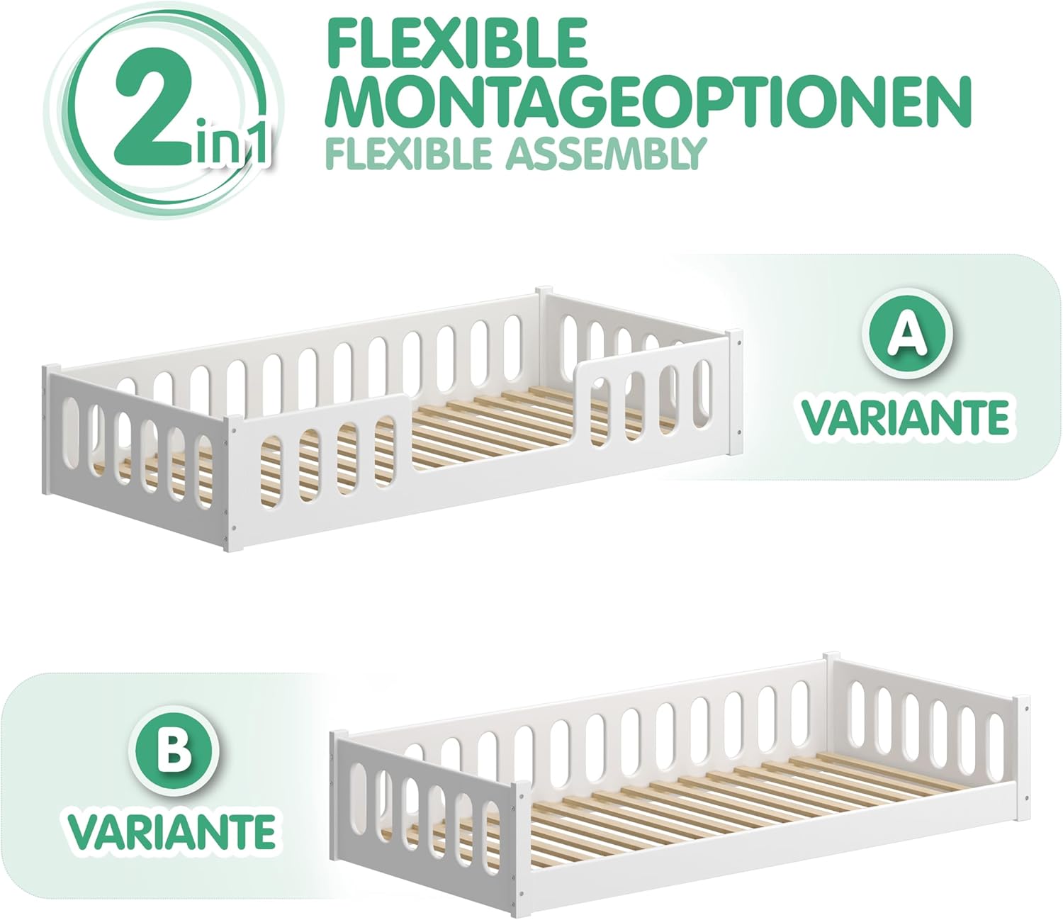 CADANI Monte Letto a terra 2in1 140x200 cm Lettino Montessori con sponda di protezione rimovibile - bianco, 46 kg, portata fino a 200 kg, rete a doghe arrotolabile extra robusta, trasformabile