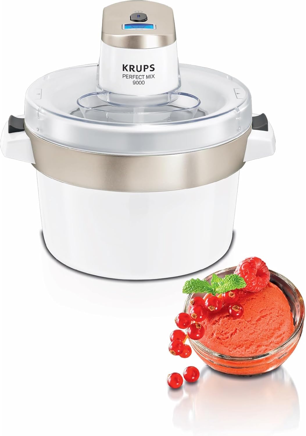 Krups GVS241 Gelatiera Venice Perfect Mix | Gelato, Sorbetto, Frozen Yogurt fatti in casa da 1L | Senza compressore | Ricettario e spatola in silicone inclusi | Display digitale e segnale acustico, bianco
