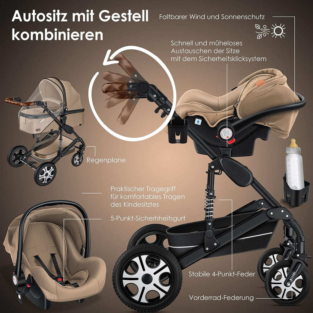 KESSER Passeggino trio Loops 3 in 1, set completo con navicella, seduta sportiva e seggiolino auto con pneumatici in gomma piena, borsa fasciatoio, parapioggia, tavolino, ECE R129, nero/champagne