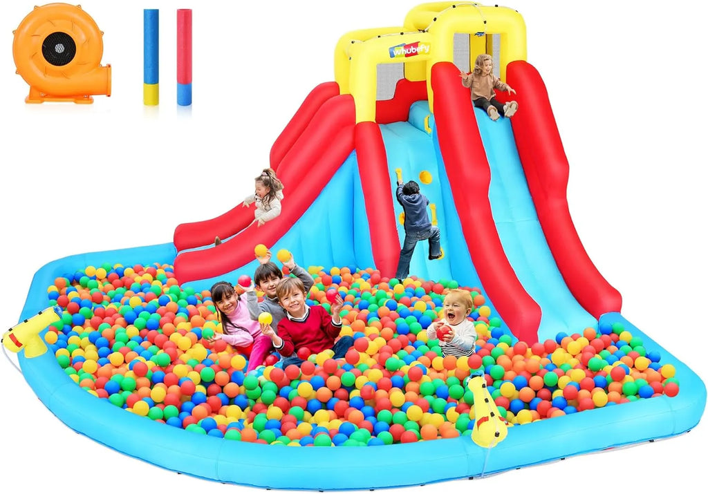 Scivoli d'acqua gonfiabili per bambini, parco acquatico gonfiabile 8-in-1 con soffiatore da 450 W, parete da arrampicata, piscina, 2 cannoni ad acqua, canestro da basket, scivolo ad acqua, irrigatore a coccodrillo come regalo per una festa in giardino