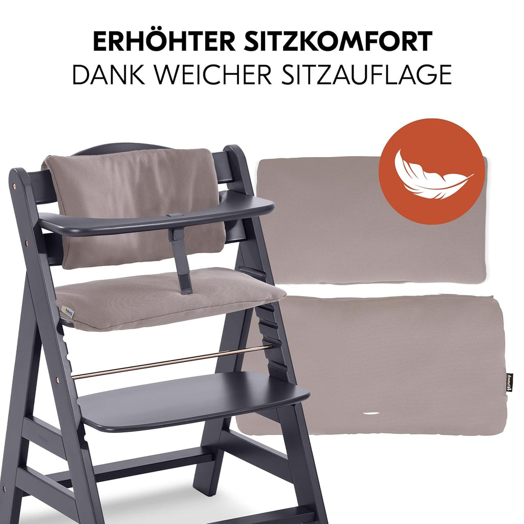hauck Alpha Plus Newborn Set Deluxe - Seggiolone Pappa Legno da Nascita con Funzione Sdraietta - include Sdraietta per Neonato & Cuscino - Evolutivo, Regolabile - Dark Grey