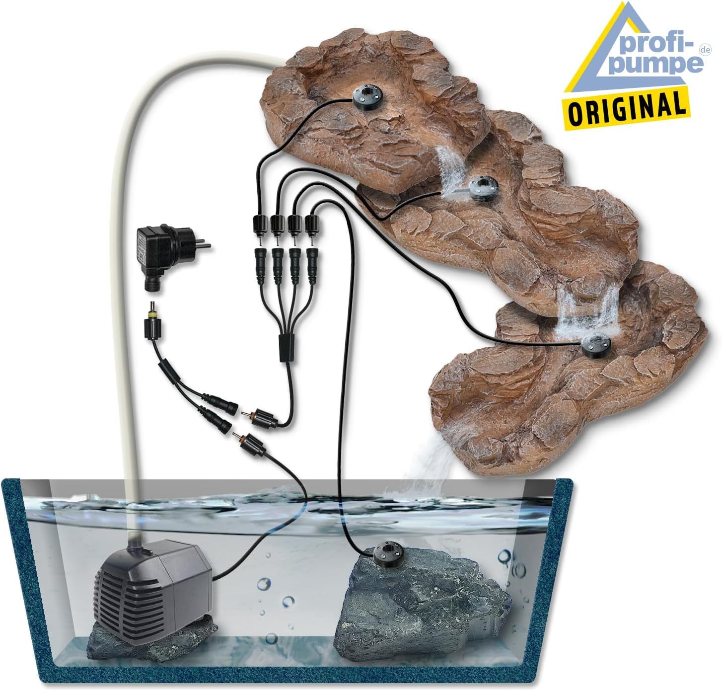 Fontana solare da giardino Bachlauf QUELLBACH II con luce LED/sistema ibrido, FONTANA ORNAMENTALE a 230V, BAGNO PER UCCELLI, CASCATA, LAMPADA DA GIARDINO, POMPA PER STAGNO - GIOCO D'ACQUA per giardino, laghetto da giardino, laghetto