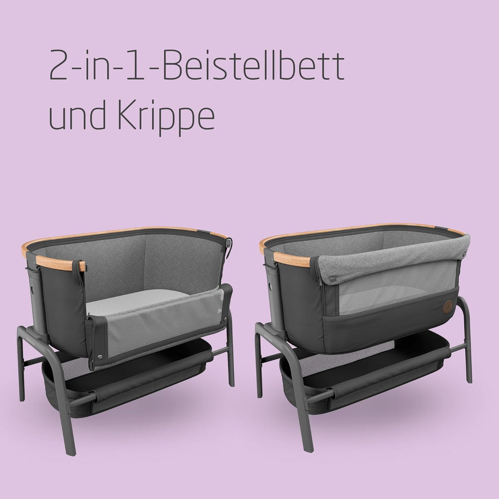Maxi-Cosi Iora Beistellbett Baby, Faltbares Co-Sleeper, 0–6 Monate, max. 9 kg, 4 Neigungs- und 5 Höhenstufen, Leichtes Schieben, Bequeme Matratze, Großer Korb, Leicht zu Tragen, Essential Grey