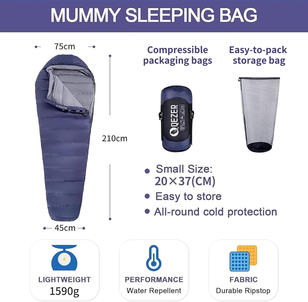 QEZER Daunenschlafsack Warmer Winter Schlafsack Outdoor -8°C bis -23°C 4 Jahreszeiten Mumienschlafsack für Erwachsener und Jugendliche Camping Outdoor und Indoor