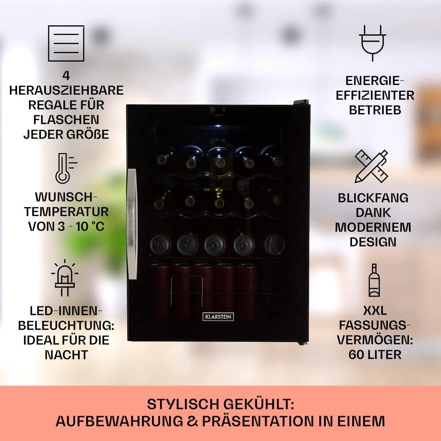 Klarstein Mini Kühlschrank mit Glastür für Zimmer, Getrnkekühlschrank mit Verstellbaren Ablagen, Kleiner 80 Liter, Indoor/Outdoor Kühlschrank Leise