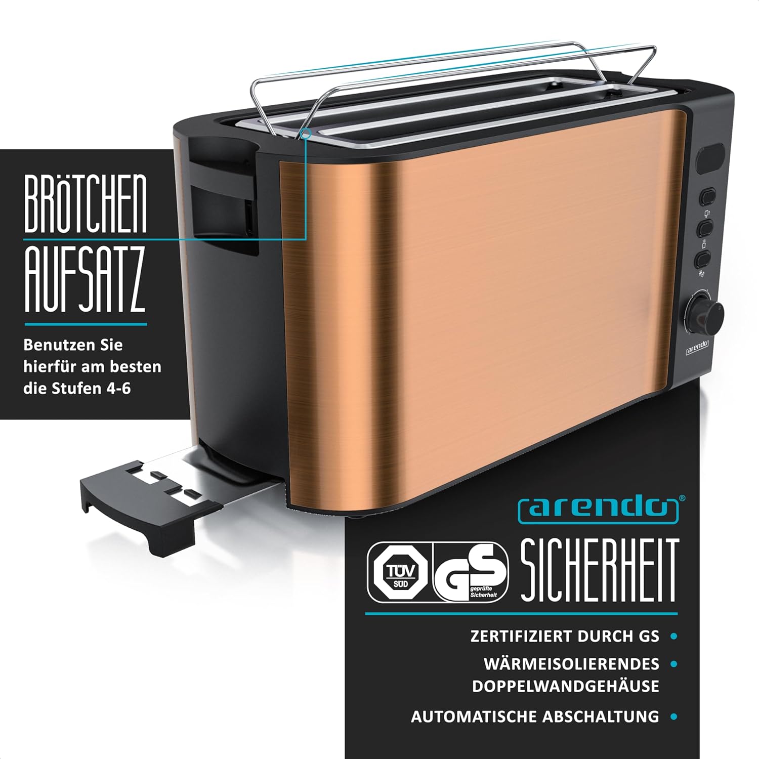 Arendo - Tostapane a fessura lunga in acciaio inox per 4 fette - Funzione scongelamento - Corpo isolante dal calore - Con scaldavivande integrato - Vassoio raccoglibriciole - Display con indicazione del tempo residuo - Nero opaco