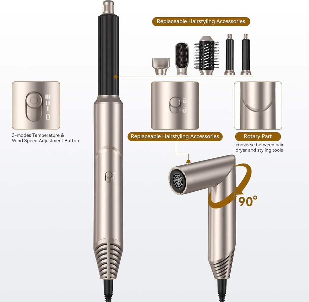 UKLISS 7 in 1 Pro Airstyler & Ionen Föhn [110,000RPM] High-speed Haartrockner Ionen Hair Dryer, mit Heißluft Lockenwickler Thermal Brush Haarglätterbürste Warmluftbürste Föhnbürste, 1200W/Blau