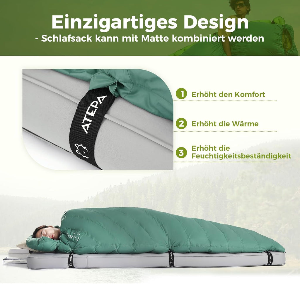 ATEPA Daunenschlafsack Winter Outdoor,Daunenschlafsack, Übergröße Ultraleichter, 3 Jahreszeiten Warm, XXL Leichtgewicht, großartiger Komfort, Ideal für Rucksacktouren Erwachsene Camping, Wandern