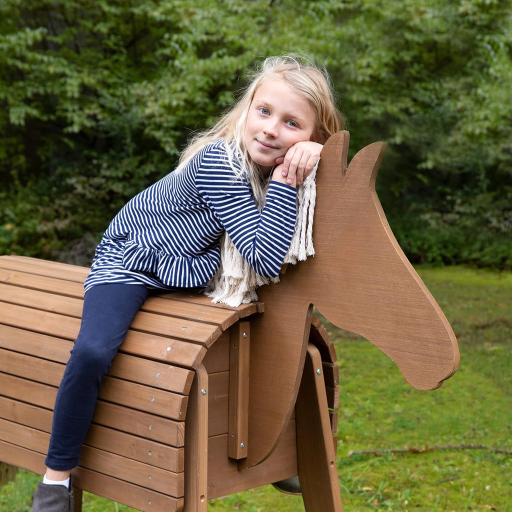 roba Holzpferd für den Garten - Voltigierpferd mit Mähne und Schweif - Spielpferd zum Turnen und Reiten - Holz massiv - Grau lasiert